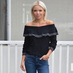 BBDakota Off Shoulder Sweater-Black w White Detail